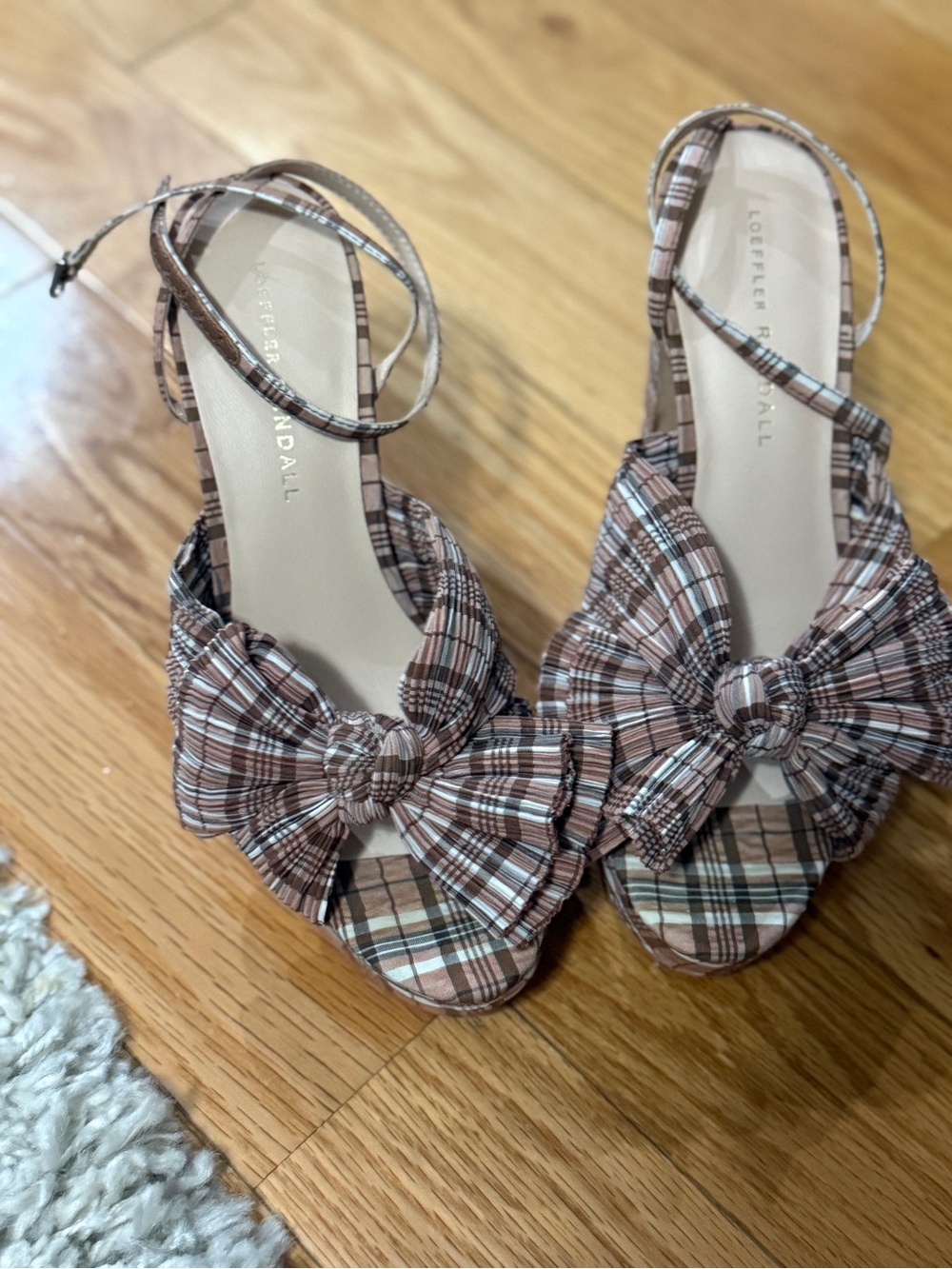 Loeffler Randall Plaid Knot Ankle-Strap Sandals in Brown and Cream